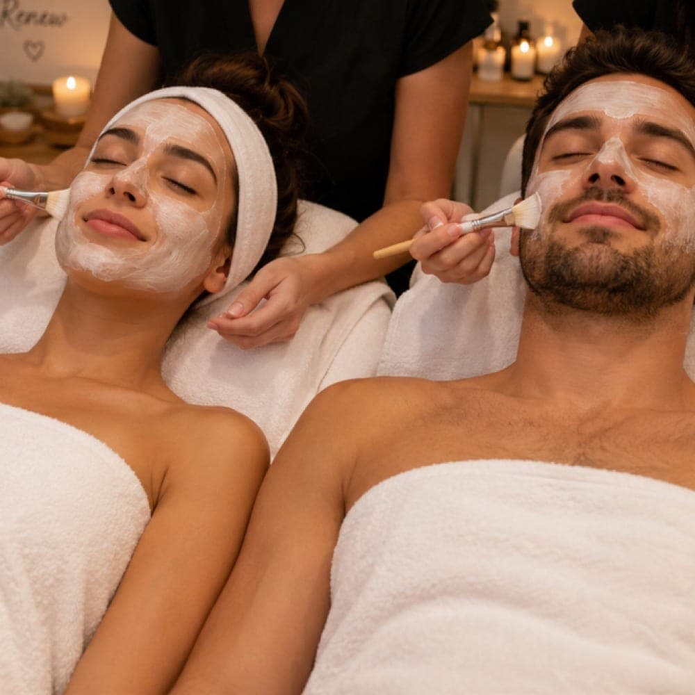 Two clients side by side during a couples facial session