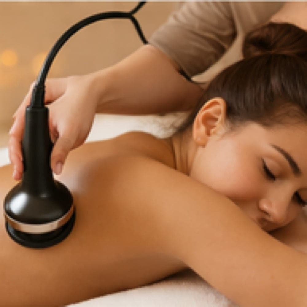 A client resting face down while a cavitation handpiece glides over her shoulder