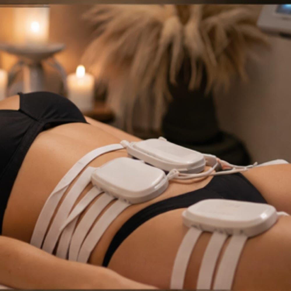 EMS muscle stimulation pads placed across a client's abdomen during a sculpting session