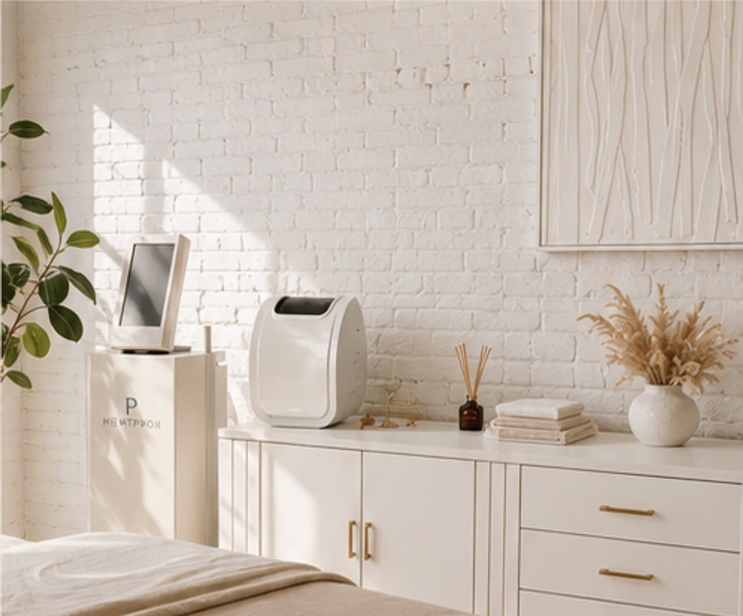 The Mamacitabod treatment room: white brick, cream cabinetry with brass pulls, dried grasses and a linen-dressed bed in soft daylight