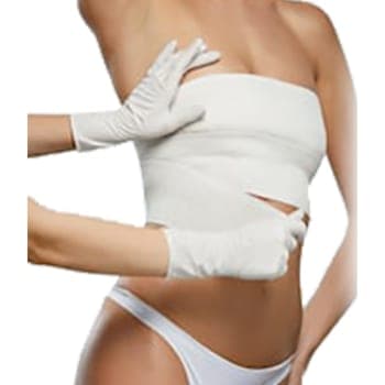 A compression wrap being applied across a client's midsection